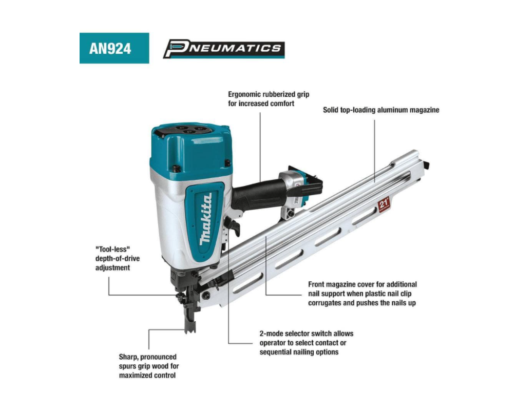 Makita AN924 3-1/2 in. 21° Pneumatic Full Round Head Framing Nailer Makita AN924 3-1/2 in. 21° Pneumatic Full Round Head Framing Nailer - Image 2