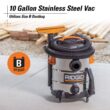 RIDGID WD1060 10 Gal. 6.0-Peak HP Stainless Steel Wet/Dry Shop Vacuum with Filter, Hose and Accessories