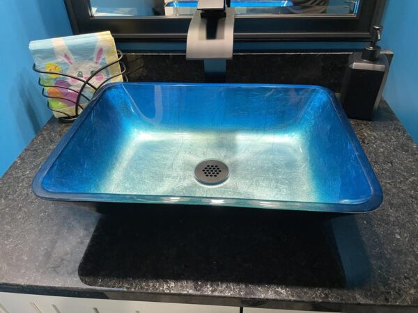 VIGO VGT1073 Glass Rectangular Vessel Bathroom Sink in Turquoise Blue, Chrome