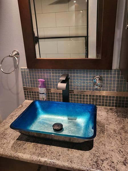 VIGO VGT1073 Glass Rectangular Vessel Bathroom Sink in Turquoise Blue, Chrome