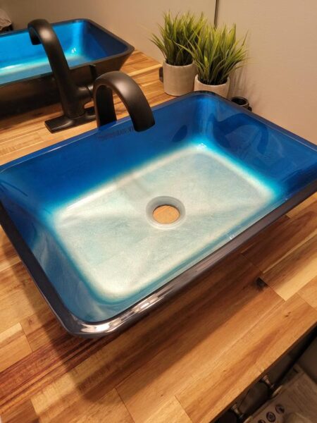 VIGO VGT1073 Glass Rectangular Vessel Bathroom Sink in Turquoise Blue, Chrome