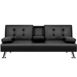 Black 66 in. Faux Leather Upholstered Convertible Folding Futon Sofa Bed 2 Cupholders