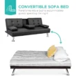 Black 66 in. Faux Leather Upholstered Convertible Folding Futon Sofa Bed 2 Cupholders