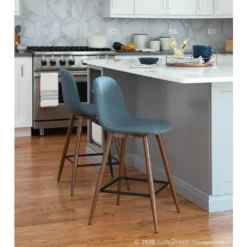 Lumisource Pebble 24 in. Walnut and Blue Counter Stool (Set of 2)