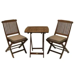 Outdoor Interiors 3-Piece Eucalyptus Outdoor Bistro Set with Beige Cushions