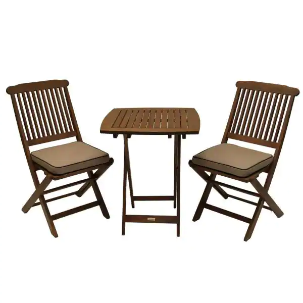 Outdoor Interiors 3-Piece Eucalyptus Outdoor Bistro Set with Beige Cushions Outdoor Interiors 3-Piece Eucalyptus Outdoor Bistro Set with Beige Cushions