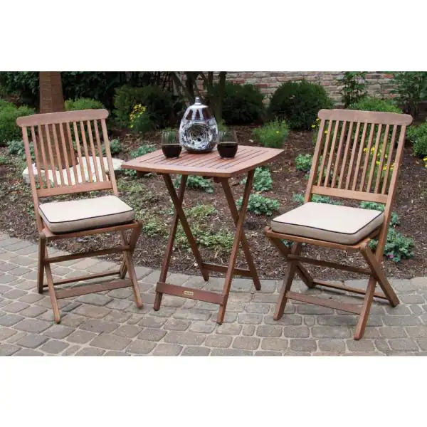 Outdoor Interiors 3-Piece Eucalyptus Outdoor Bistro Set with Beige Cushions Outdoor Interiors 3-Piece Eucalyptus Outdoor Bistro Set with Beige Cushions - Image 2