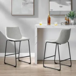 Walker Edison Wasatch 24 in, Frame Counter Height Bar Stool, Leather Seat (Set of 2)