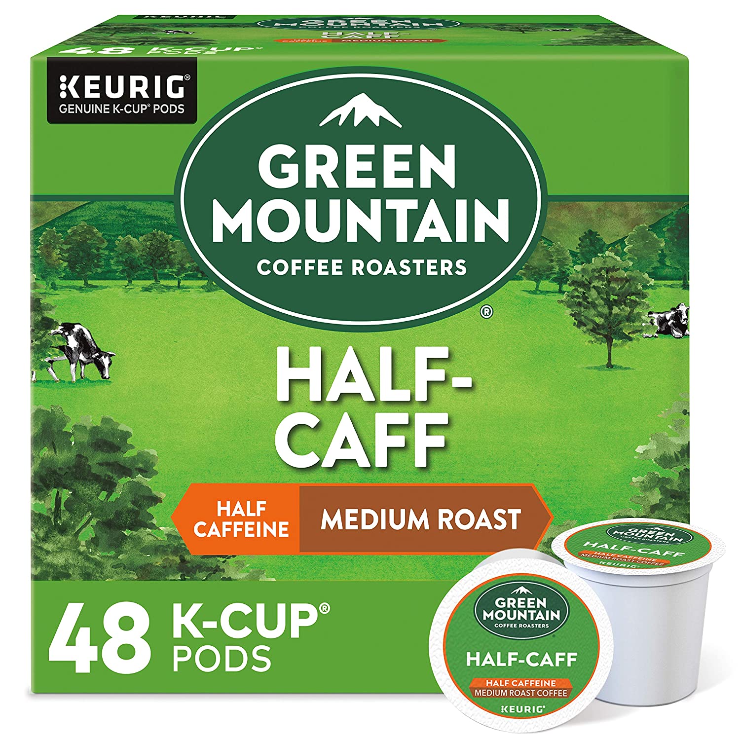 Green Mountain Coffee Roasters Half Caff, Single-Serve Keurig K-Cup Pods, Medium Roast Coffee, 48 Count Green Mountain Coffee Roasters Half Caff, Single-Serve Keurig K-Cup Pods, Medium Roast Coffee, 48 Count