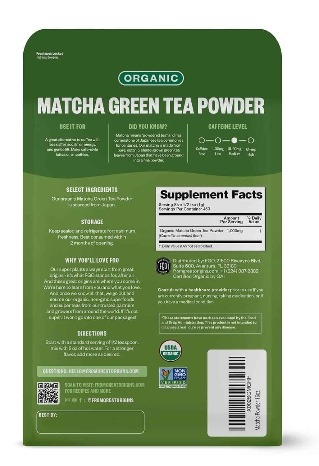 FGO Organic Matcha Green Tea Powder Baking, Lattes, Smoothies, Japanese Culinary Grade 16oz (1 Pound) FGO Organic Matcha Green Tea Powder Baking, Lattes, Smoothies, Japanese Culinary Grade 16oz (1 Pound) - Image 2