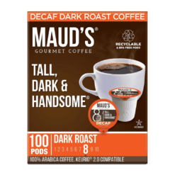 Maud's Dark Roast Decaf Coffee (Decaf Tall Dark and Handsome) 100ct. Solar Energy Produced Recyclable Single Serve Decaf Dark Roast Coffee Pods