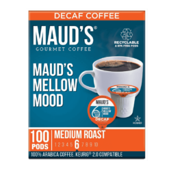 Maud’s Decaf Medium Dark Roast Coffee (Mellow Mood), 100ct. Solar Energy Produced Recyclable Single Serve Decaf Medium Dark Roast Coffee Pods