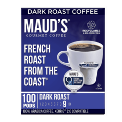 Maud's French Roast Coffee (French Roast From The Coast), 100ct. Solar Energy Produced Recyclable Single Serve French Roast Coffee Pods