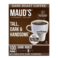 Maud's Dark Roast Coffee (Tall Dark & Handsome), 100ct. Solar Energy Produced Recyclable Single Serve Dark Roast Coffee Pods