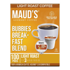 Maud's Breakfast Blend Coffee, (Bubbies Breakfast Blend), 100ct. Solar Energy Produced Recyclable Single Serve Breakfast Blend Coffee Pods