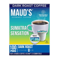 Maud's Dark Roast Sumatra Coffee (Sumatra Sensation), 100ct. Recyclable Single Serve Single Origin Dark Roast Coffee Pods
