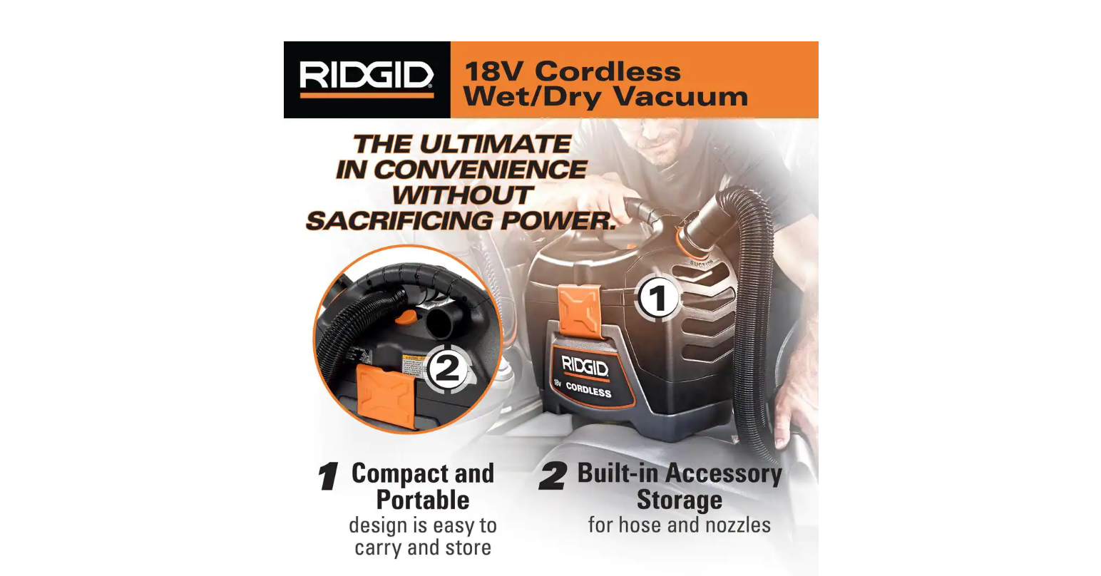 RIDGID WD0319 3 Gal. 18-Volt Cordless Handheld Wet/Dry Shop Vacuum (Tool Only) with Filter, Expandable Hose and Accessories RIDGID WD0319 3 Gal. 18-Volt Cordless Handheld Wet/Dry Shop Vacuum (Tool Only) with Filter, Expandable Hose and Accessories - Image 4