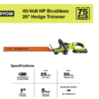 RYOBI RY40640 40V HP Brushless 26 in. Cordless Battery Hedge Trimmer with 2.0 Ah Battery and Charger