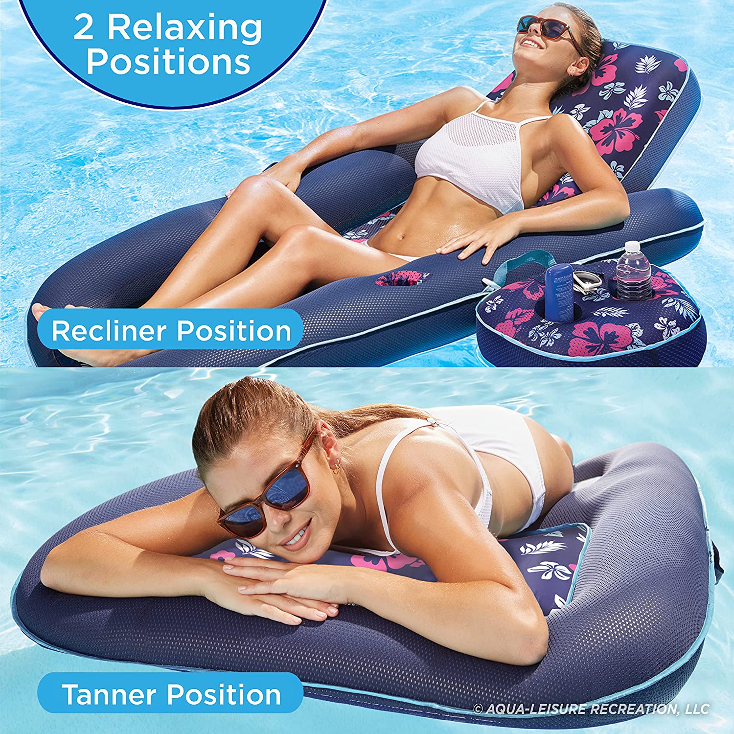 Aqua Campania Ultimate 2-in-1 Pool Float Lounge – Extra Large – Inflatable Pool Floats for Adults with Adjustable Backrest & Cupholder Caddy – Navy Hibiscus Aqua Campania Ultimate 2-in-1 Pool Float Lounge – Extra Large – Inflatable Pool Floats for Adults with Adjustable Backrest & Cupholder Caddy – Navy Hibiscus - Image 2