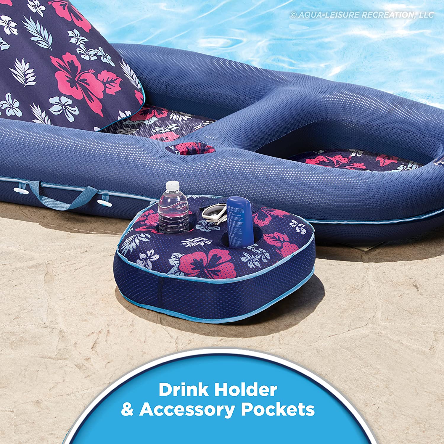 Aqua Campania Ultimate 2-in-1 Pool Float Lounge – Extra Large – Inflatable Pool Floats for Adults with Adjustable Backrest & Cupholder Caddy – Navy Hibiscus Aqua Campania Ultimate 2-in-1 Pool Float Lounge – Extra Large – Inflatable Pool Floats for Adults with Adjustable Backrest & Cupholder Caddy – Navy Hibiscus - Image 5