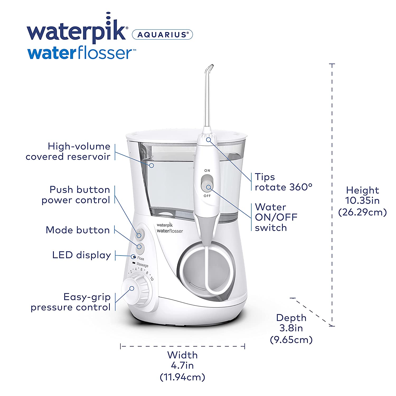 Waterpik Aquarius Water Flosser Professional For Teeth, Gums, Braces, Dental Care, Electric Power With 10 Settings, 7 Tips For Multiple Users And Needs, ADA Accepted, White WP-660 Waterpik Aquarius Water Flosser Professional For Teeth, Gums, Braces, Dental Care, Electric Power With 10 Settings, 7 Tips For Multiple Users And Needs, ADA Accepted, White WP-660 - Image 4