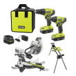 RYOBI ONE+ 18V Cordless 2-Tool Combo Kit w/ Drill, Impact Driver, Batteries, Charger, Bag, Sliding Miter Saw, and Stand (P1817-TSS103-A18MS01G)
