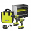 RYOBI P1817-STH402 ONE+ 18V Cordless 2-Tool Combo Kit w/ Drill/Driver, Impact Driver, (2) Batteries, Charger, and Storage Cabinet Shelving