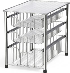 Simple Houseware Stackable 3 Tier Sliding Basket Organizer Drawer, Chrome