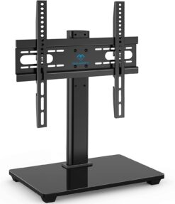 PERLESMITH Universal TV Stand - Table Top TV Stand for 37-55 inch LCD LED TVs - Height Adjustable TV Base Stand with Tempered Glass Base & Wire Management, VESA 400x400mm