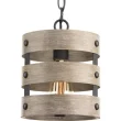 Progress P500022-143 Lighting Gulliver 8-1/2 in. 1-Light Graphite Coastal Drum Mini-Pendant with Weathered Gray Wood Accents