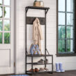 RiverRidge Home Afton Metal Frame Hall Tree with Seat, 3 Open Shelves, and 3 Hooks in Dark Weathered Wood