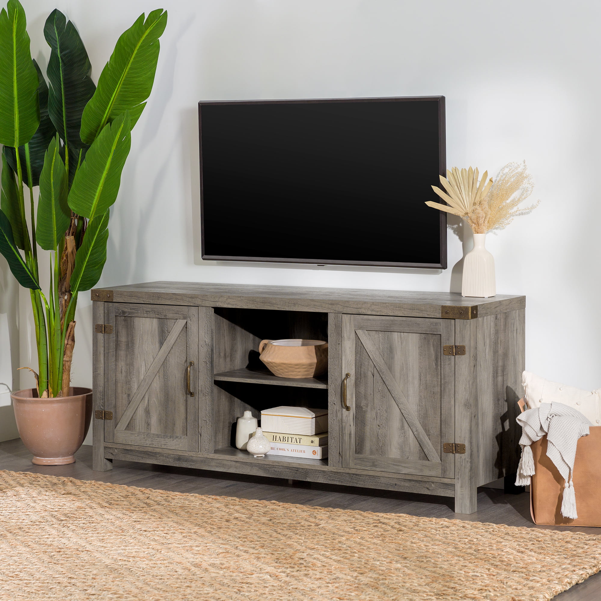 Woven Paths Modern Farmhouse Barn Door TV Stand for TVs up to 65", Grey Wash Woven Paths Modern Farmhouse Barn Door TV Stand for TVs up to 65", Grey Wash