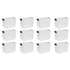 Sterilite 30 Quart Clear Plastic Storage Bin with White Latch Lid, 12 Pack