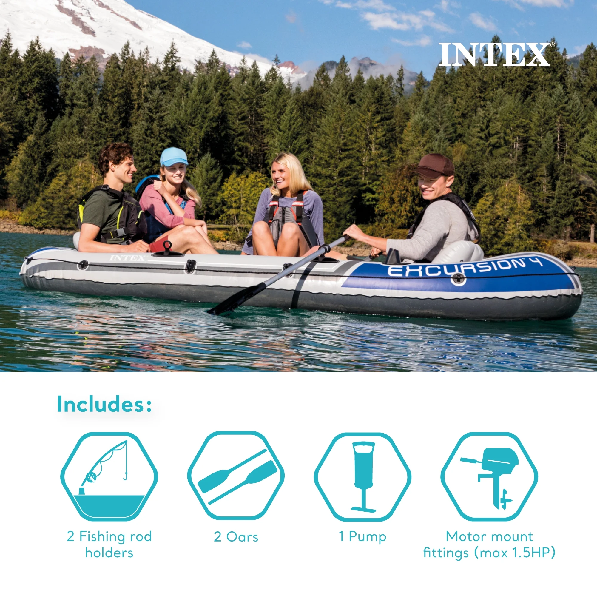 Intex Excursion 4 Inflatable Rafting Fishing 4 Person Boat Set with Oars and Pump Intex Excursion 4 Inflatable Rafting Fishing 4 Person Boat Set with Oars and Pump - Image 6