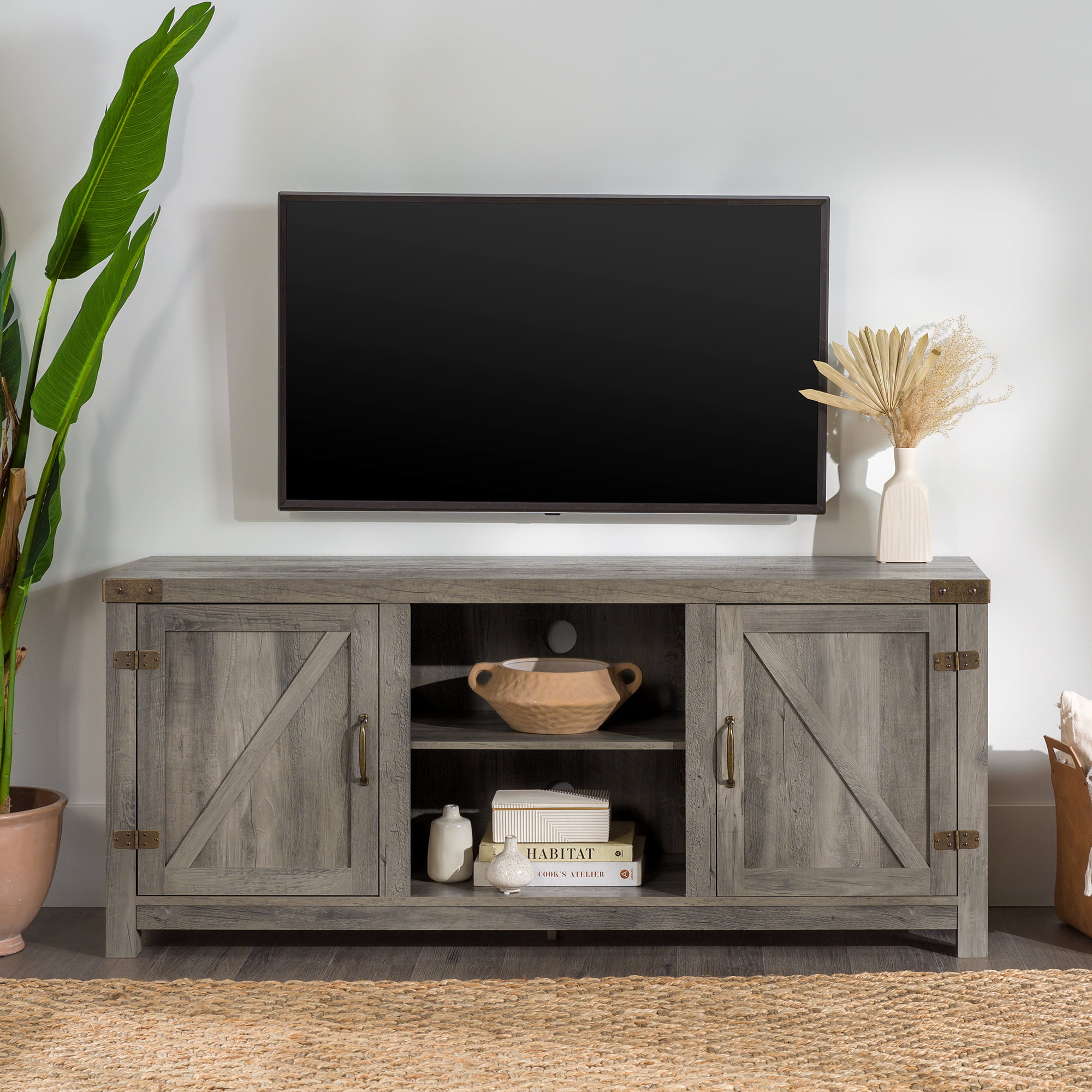 Woven Paths Modern Farmhouse Barn Door TV Stand for TVs up to 65", Grey Wash Woven Paths Modern Farmhouse Barn Door TV Stand for TVs up to 65", Grey Wash - Image 2