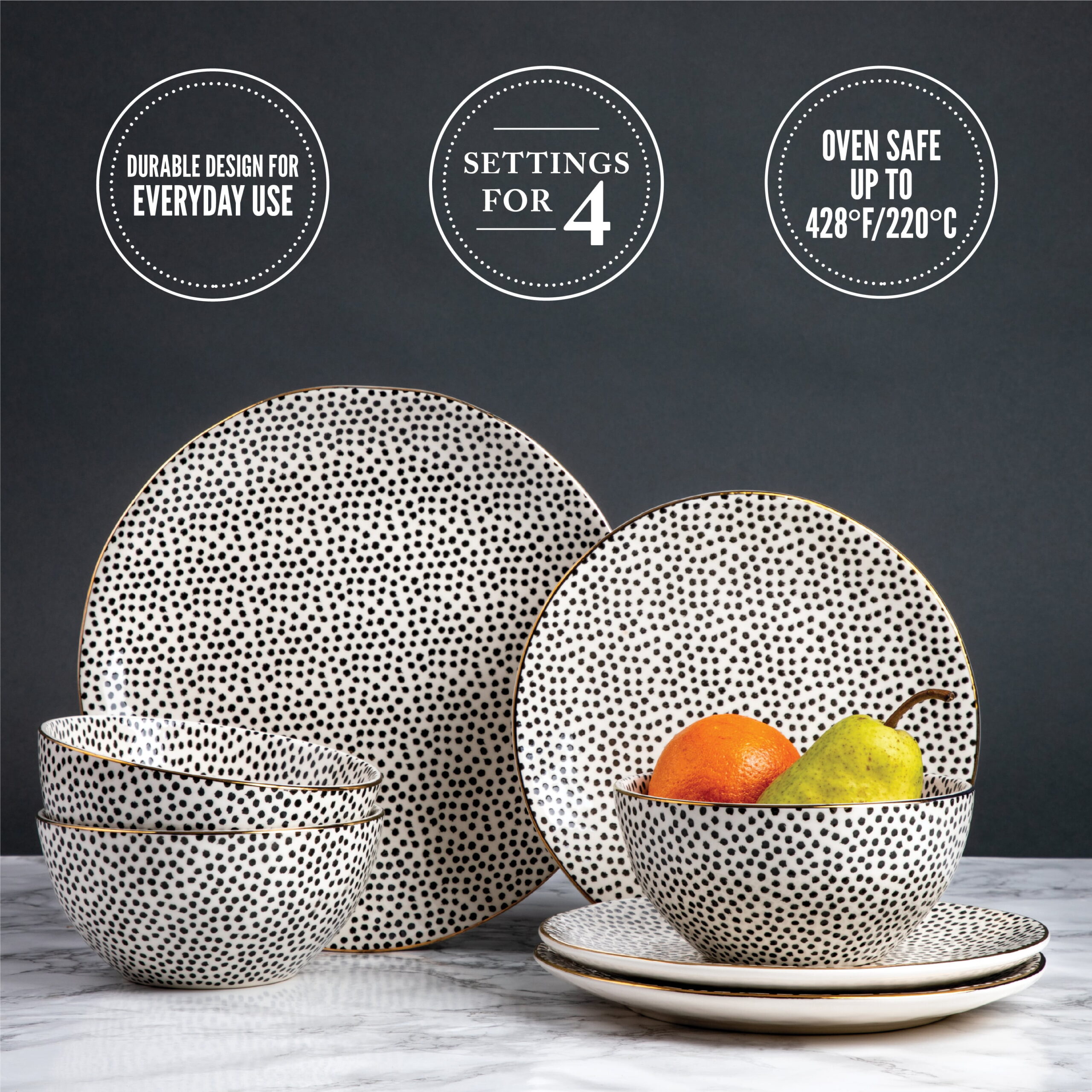Thyme & Table Dinnerware Black & White Dot Stoneware, 12 Piece Set Thyme & Table Dinnerware Black & White Dot Stoneware, 12 Piece Set - Image 7