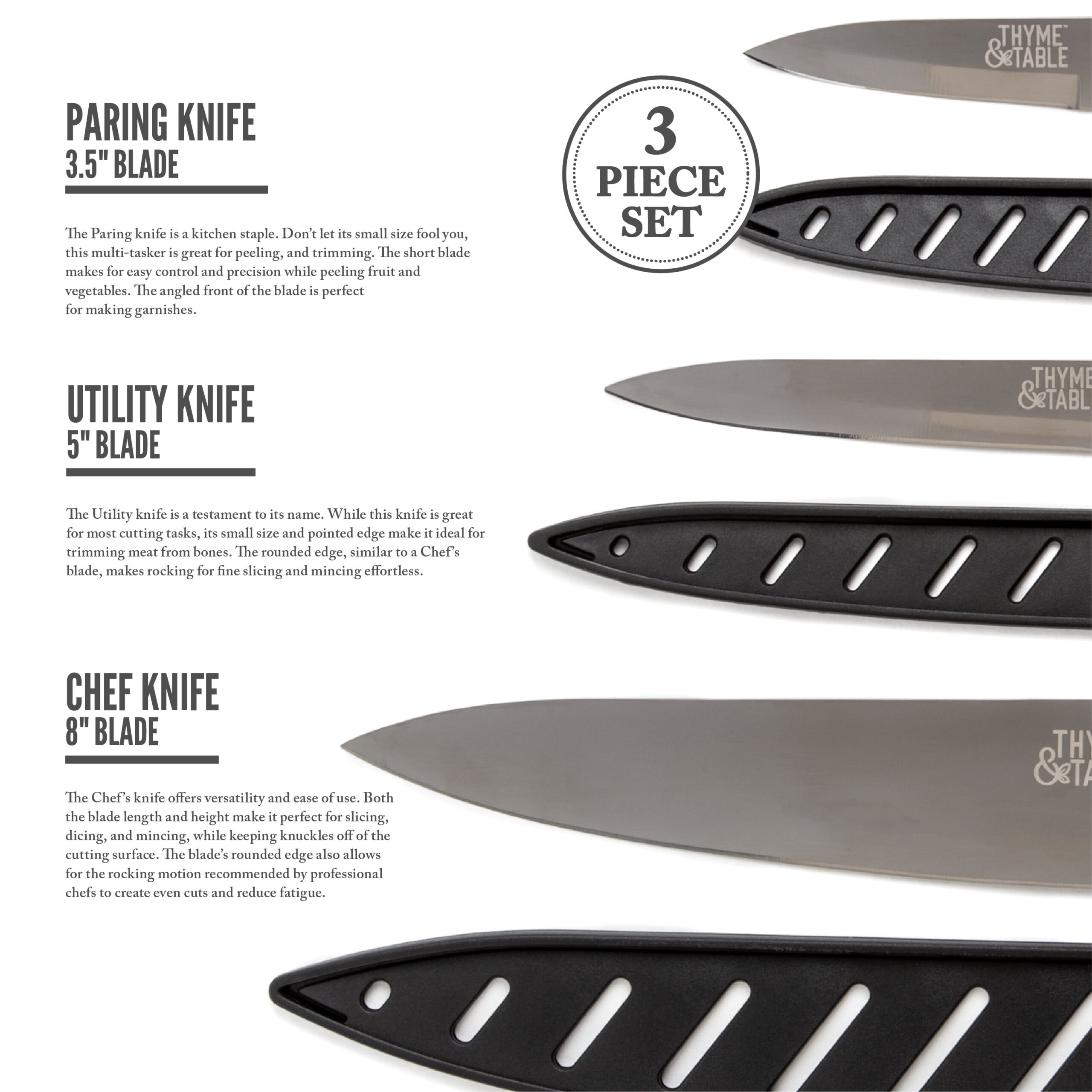  Luxury Carbon Stainless Steel Knife Set 3pc.- Thyme & Table,  TT0031: Home & Kitchen