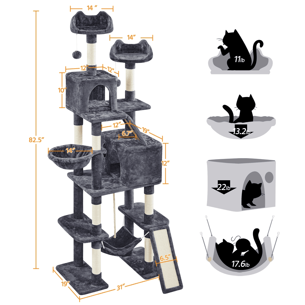 SMILE MART 82.5″ H Multi Level Large Cat Tree with 2 Cozy Condos for Indoor Small/Medium Cats, Dark Gray SMILE MART 82.5″ H Multi Level Large Cat Tree with 2 Cozy Condos for Indoor Small/Medium Cats, Dark Gray - Image 3