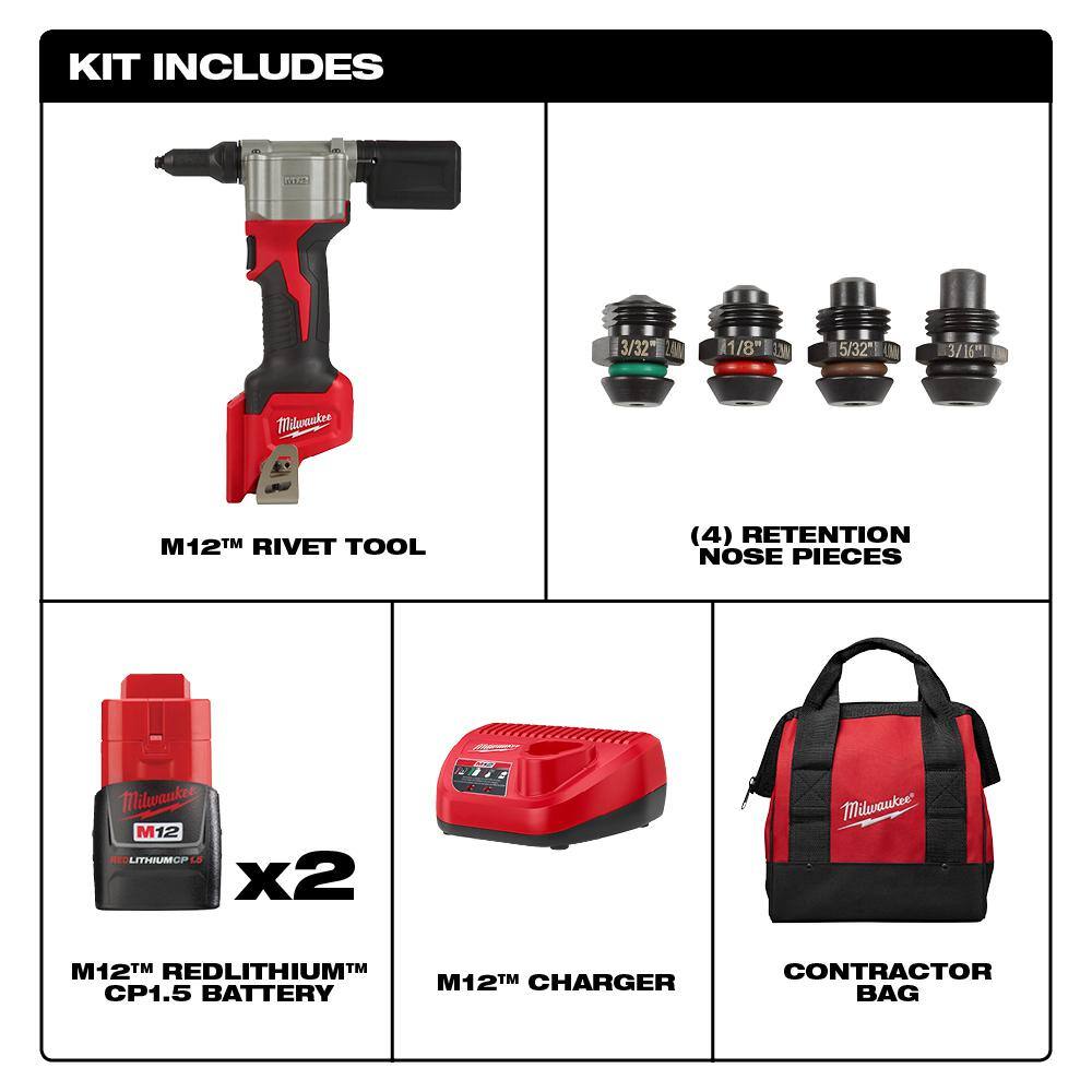 Milwaukee 2550-22-2364-20 M12 12-Volt Lithium-Ion Cordless Rivet Tool Kit with (2) 1.5Ah Batteries, Charger and 1000 Lumens M12 Flood Light Milwaukee 2550-22-2364-20 M12 12-Volt Lithium-Ion Cordless Rivet Tool Kit with (2) 1.5Ah Batteries, Charger and 1000 Lumens M12 Flood Light - Image 2
