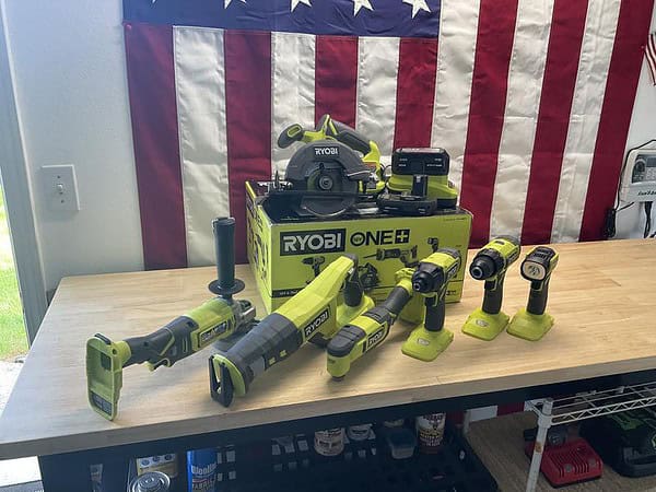 RYOBI PCL1600K2-P553 ONE+ 18V Cordless 6-Tool Combo Kit with 1.5 Ah and 4.0 Ah Batteries, Charger, and Miter Saw
