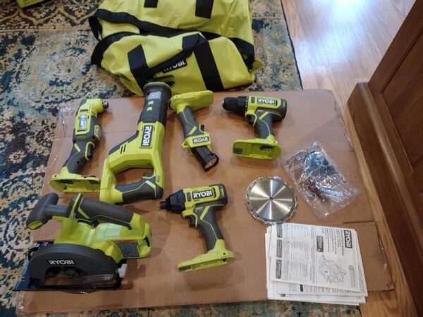 RYOBI PCL1600K2-P553 ONE+ 18V Cordless 6-Tool Combo Kit with 1.5 Ah and 4.0 Ah Batteries, Charger, and Miter Saw