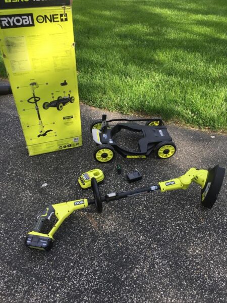 RYOBI P20160-AC ONE+ 18-Volt 12 in. Cordless 3-in-1 Trim Mower with Extra 3-Pack of Spools, 4.0 Ah Battery and Charger