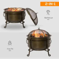 Outsunny 30 Inch Outdoor Fire Pit Round Wood Burning Patio Firepit with Cooking BBQ Grill Spark Screen Poker for Backyard Bonfire