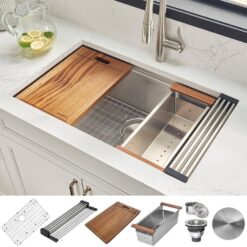 Ruvati RVH8300 32 in. Single Bowl Undermount 16-Gauge Stainless Steel Ledge Kitchen Sink with Sliding Accessories