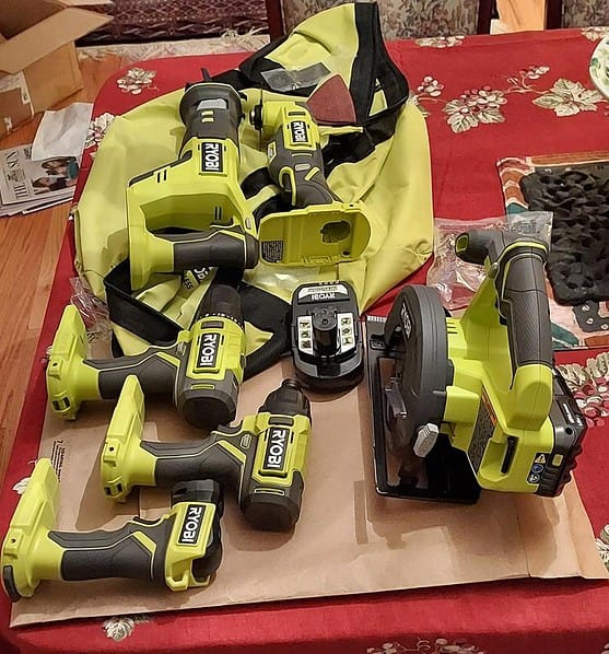 RYOBI PCL1600K2-P553 ONE+ 18V Cordless 6-Tool Combo Kit with 1.5 Ah and 4.0 Ah Batteries, Charger, and Miter Saw