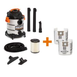 RIDGID WD1060A 10 Gallon 6.0 Peak HP Stainless Steel Wet/Dry Shop Vacuum with Filter, Dust Bags, Locking Hose and Accessories