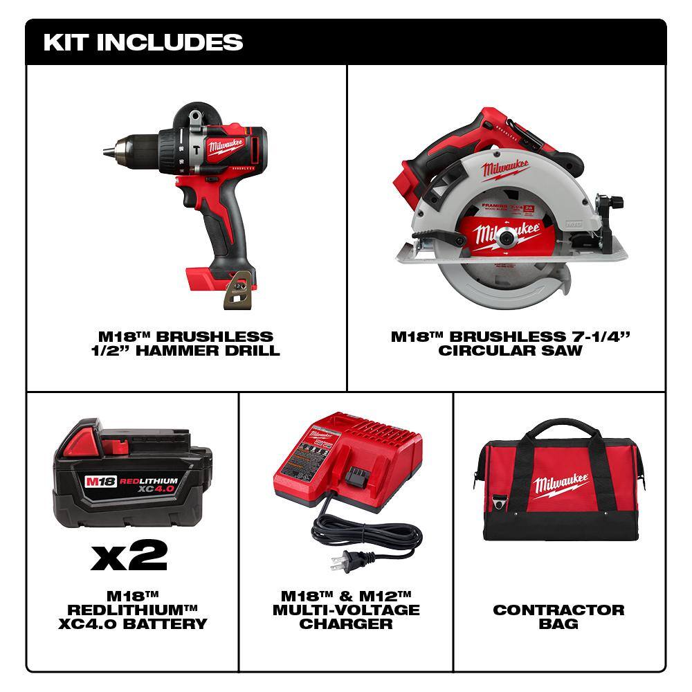 Milwaukee 2992-22-48-11-1850 M18 18-Volt Lithium-Ion Brushless Cordless Hammer Drill/Circular Saw Combo Kit (2-Tool) w/2 4.0 & 1 5.0 Ah Batteries Milwaukee 2992-22-48-11-1850 M18 18-Volt Lithium-Ion Brushless Cordless Hammer Drill/Circular Saw Combo Kit (2-Tool) w/2 4.0 & 1 5.0 Ah Batteries - Image 2
