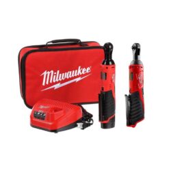 Milwaukee 2457-21-2456-20 M12 12V Lithium-Ion Cordless 3/8 in. and 1/4 in. Ratchet Kit (2-Tool) with Battery, Charger and Bag