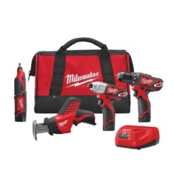 Milwaukee 2497-24 M12 12V Lithium-Ion Cordless Combo Tool Kit (4-Tool) with (3) 1.5Ah Batteries, (1) Charger, (1) Tool Bag