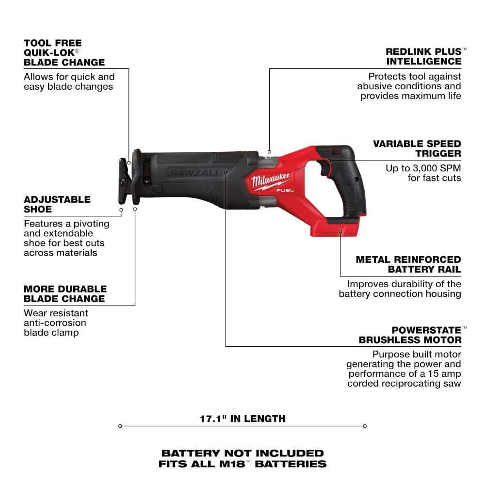 Milwaukee 2821-20-2880-20 M18 FUEL GEN-2 18V Lithium-Ion Brushless Cordless SAWZALL Reciprocating Saw W/M18 FUEL 4-1/2 in. Grinder Milwaukee 2821-20-2880-20 M18 FUEL GEN-2 18V Lithium-Ion Brushless Cordless SAWZALL Reciprocating Saw W/M18 FUEL 4-1/2 in. Grinder - Image 5